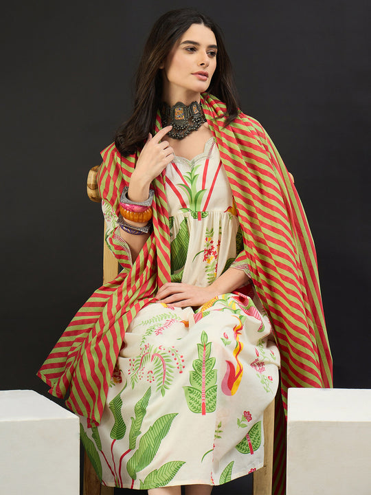 Women White Printed Pure Cotton A-Line Kurta Sets With Dupatta