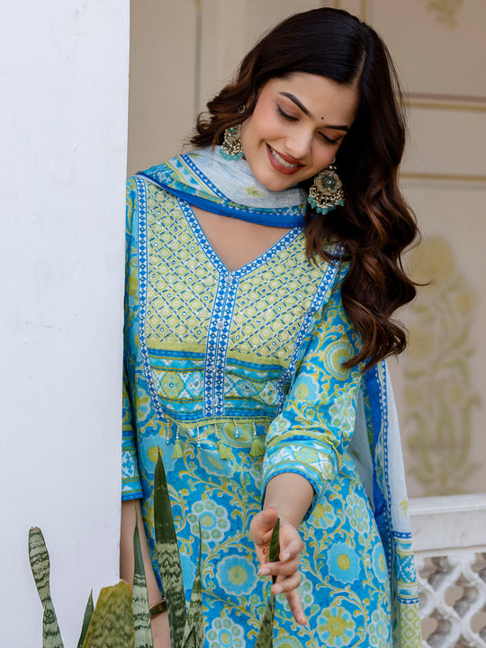 Blue Printed Pure Cotton Straight Suit Sets With Dupatta