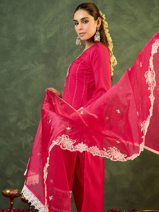 Pink Embroidered Silk Blend Straight Women Kurta Trouser With Dupatta