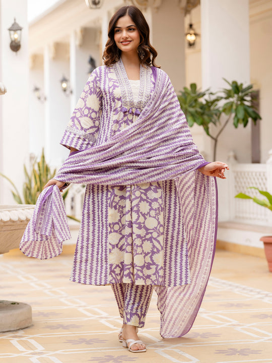 Indo era Lavender Printed A-Line Kurta Trousers With Dupatta Set