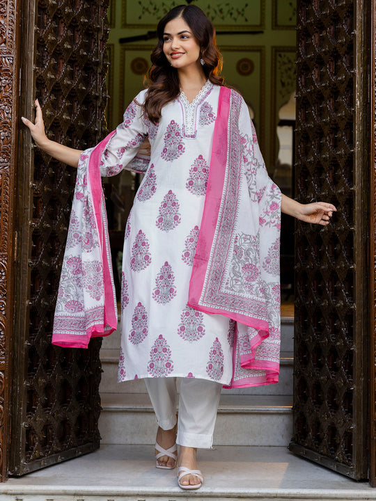 Indo Era White Printed Straight Kurta Trousers With Dupatta Set