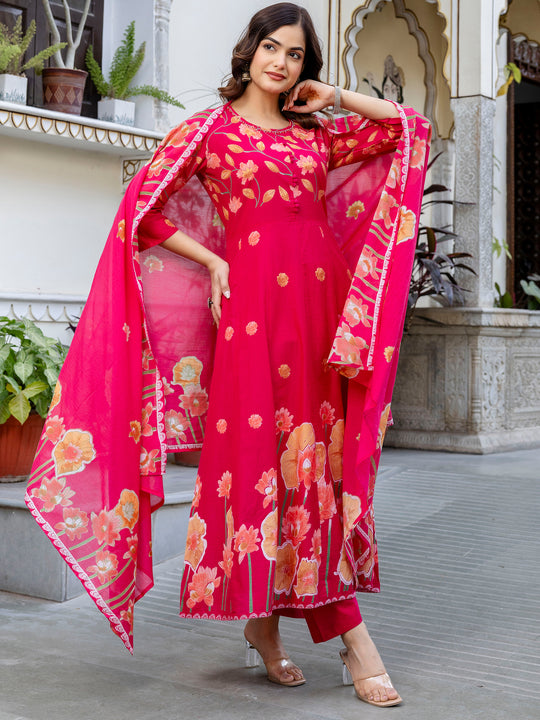 Pink Printed Pure Cotton Anarkali Suit With Dupatta