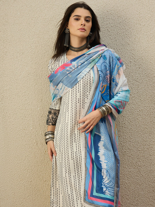 Indo era White Embroidered Straight Kurta Trousers With Dupatta Set