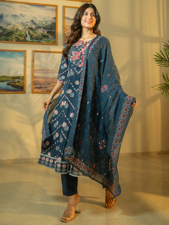 Indo Era Blue Embroidered A-Line Kurta Trousers With Dupatta Set