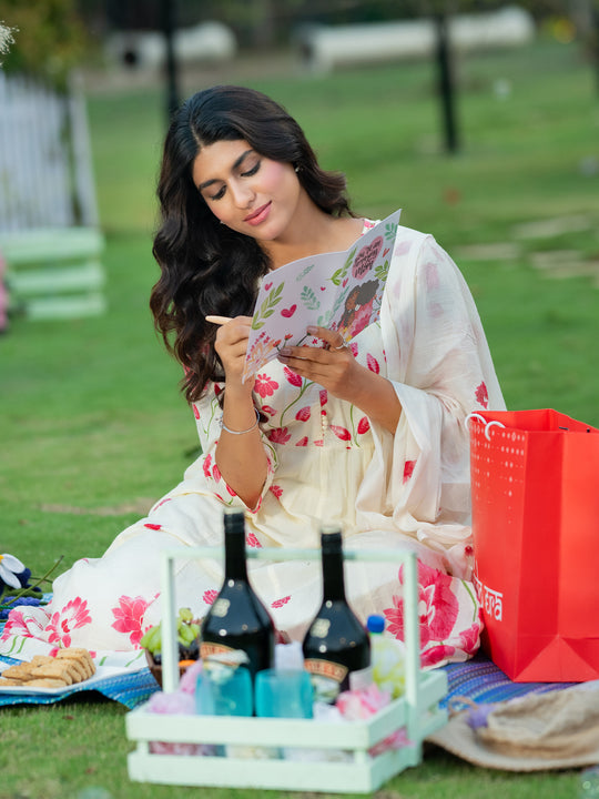 Indo Era Off White Printed A-Line Kurta Trousers With Dupatta Set