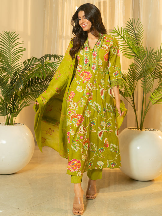 Indo Era Green Printed A-Line Kurta Trousers With Dupatta Set