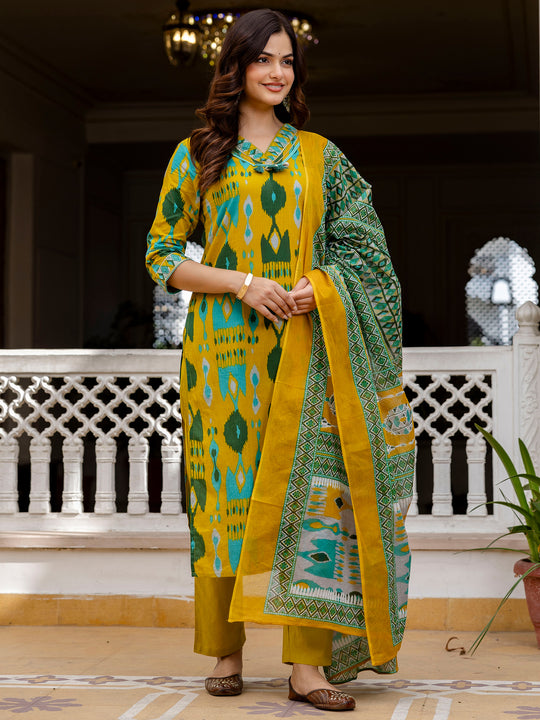 Mustard Printed Pure Cotton Straight Kurta Sets With Dupatta