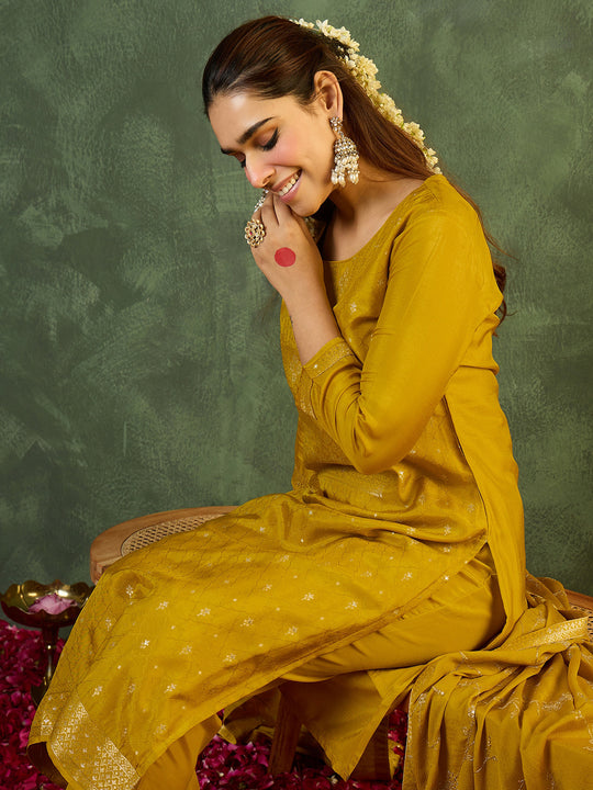 Yellow Woven Design Straight Silk Blend Suit With Dupatta