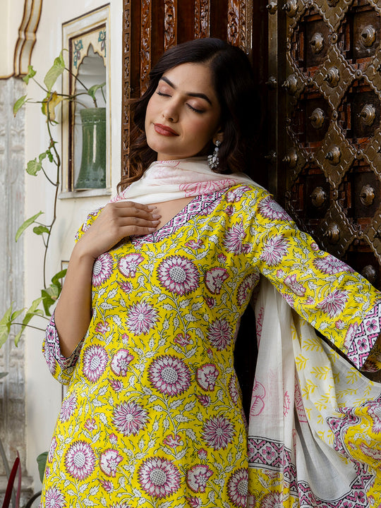 Yellow Printed Straight Pure Cotton Kurta Set With Dupatta