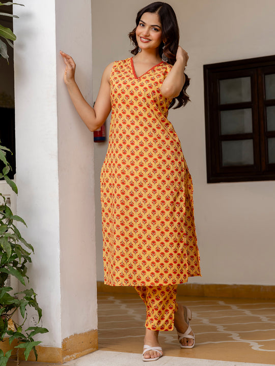 Mustard Printed Pure Cotton Straight Kurta Trouser Set