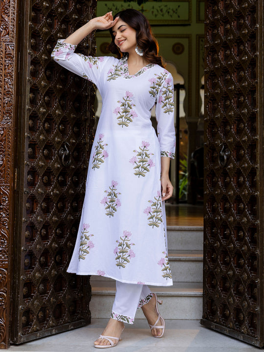 White Printed Pure Cotton A-Line Kurta Trouser Set