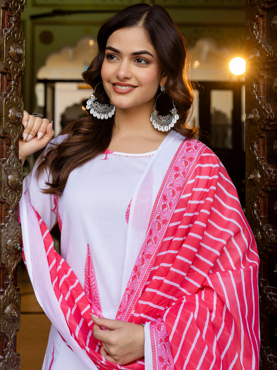 Indo Era White Printed Straight Kurta Trousers With Dupatta Set