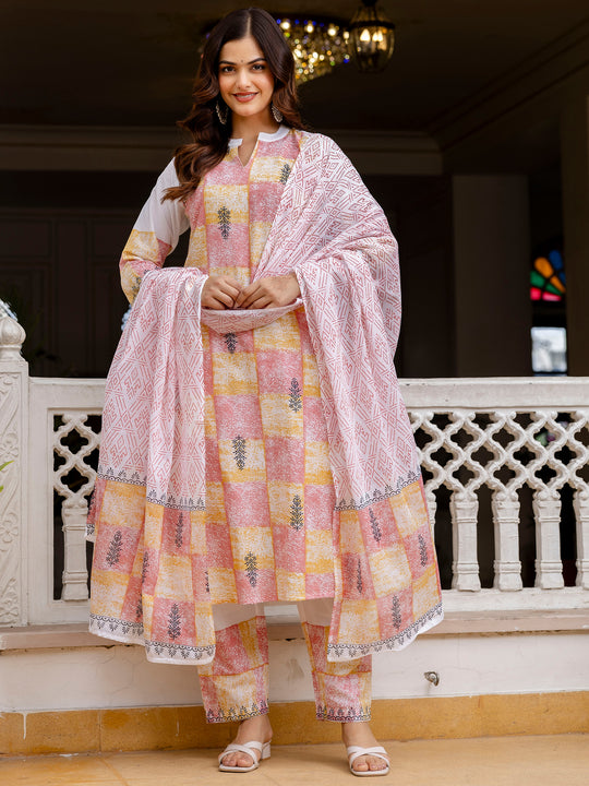 Multi Printed Pure Cotton Straight Kurta Sets With Dupatta
