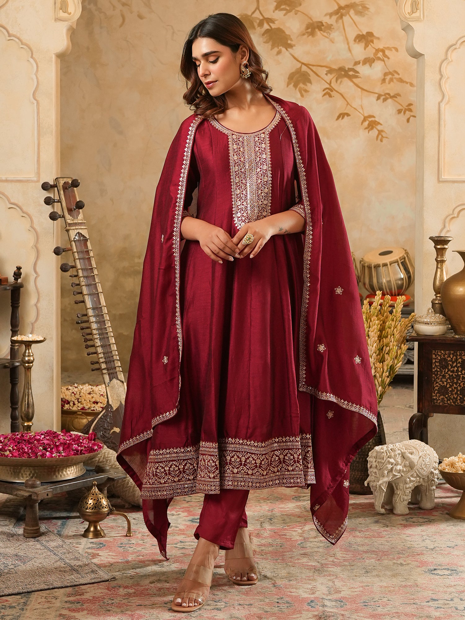 Women Maroon Embroidered Silk Blend Anarkali Kurta Sets With Dupatta