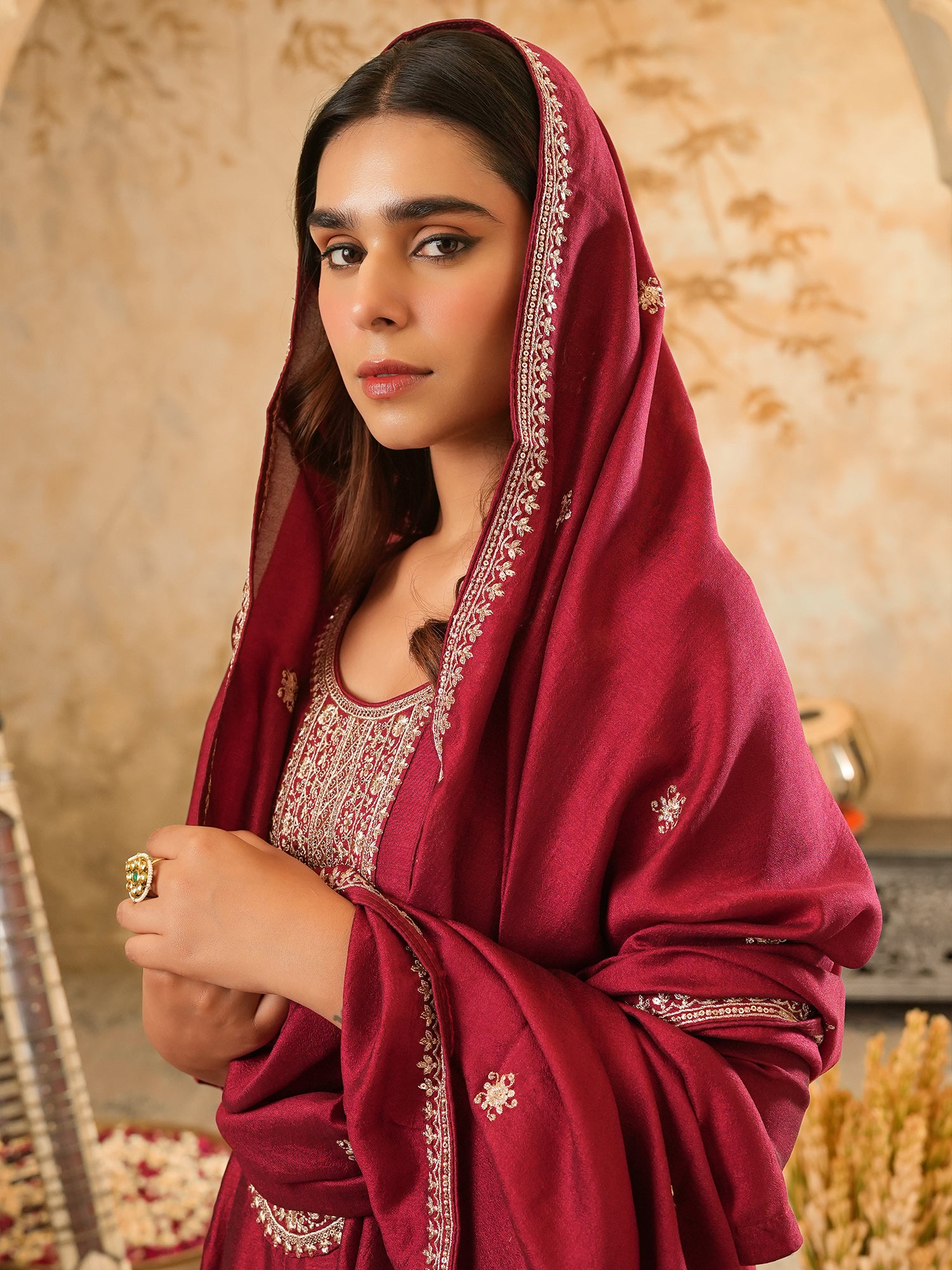Women Maroon Embroidered Silk Blend Anarkali Kurta Sets With Dupatta
