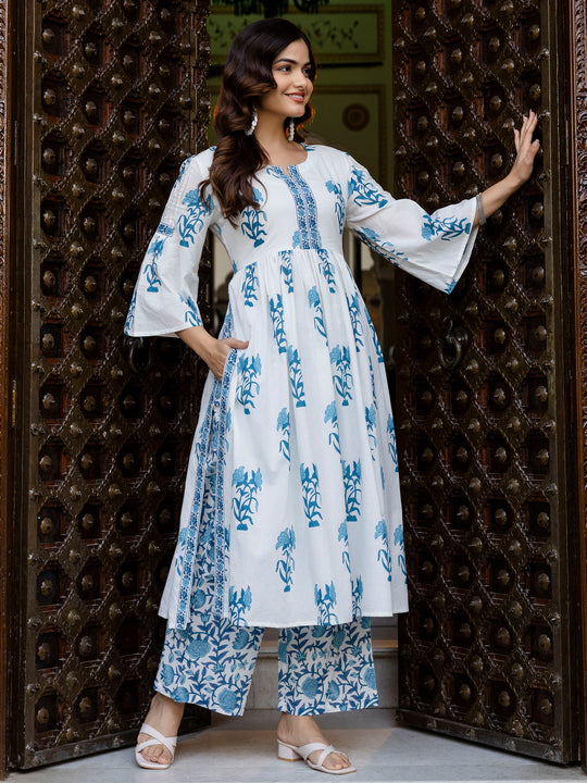 Women White Printed Pure Cotton A-Line Kurta Sets