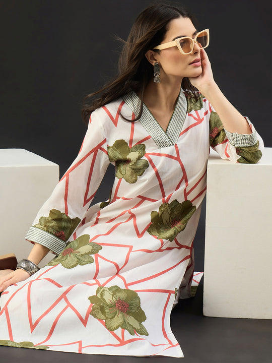 White Printed Pure Cotton Straight Kurta Trouser Set