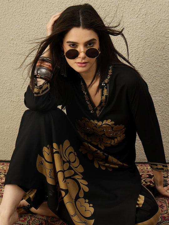 Black Printed A Line Kurta Set