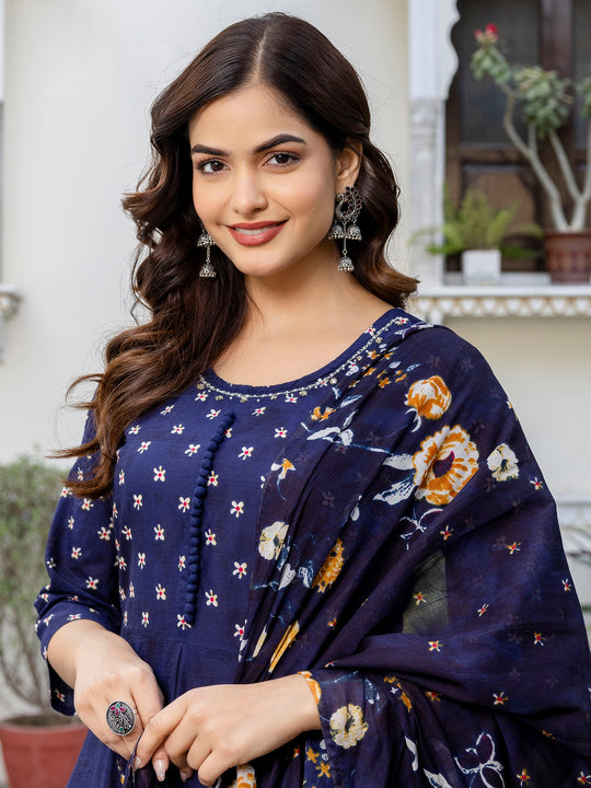 Blue Printed A-Line Pure Cotton Kurta Sets With Dupatta