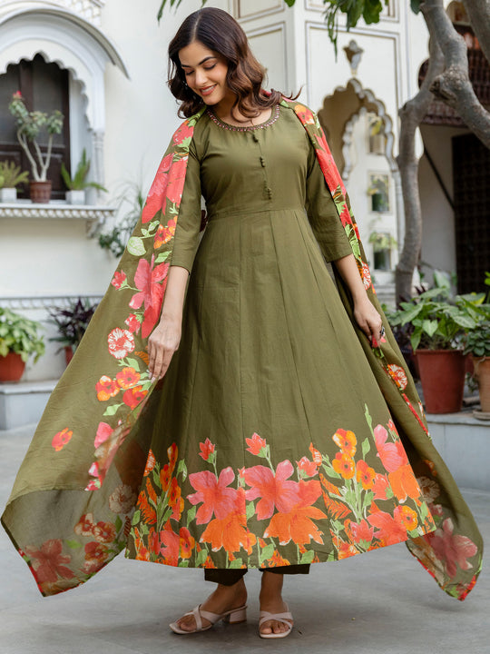 Green Printed Pure Cotton Anarkali Suit Sets With Dupatta