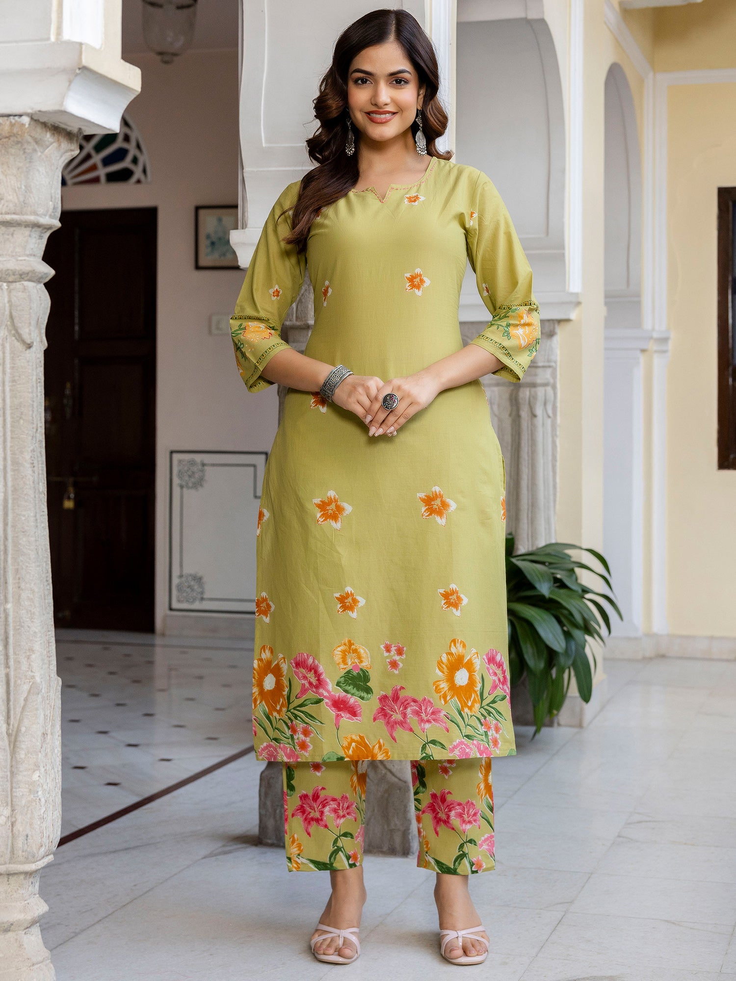 Green Printed Pure Cotton Straight Kurta Trouser Set