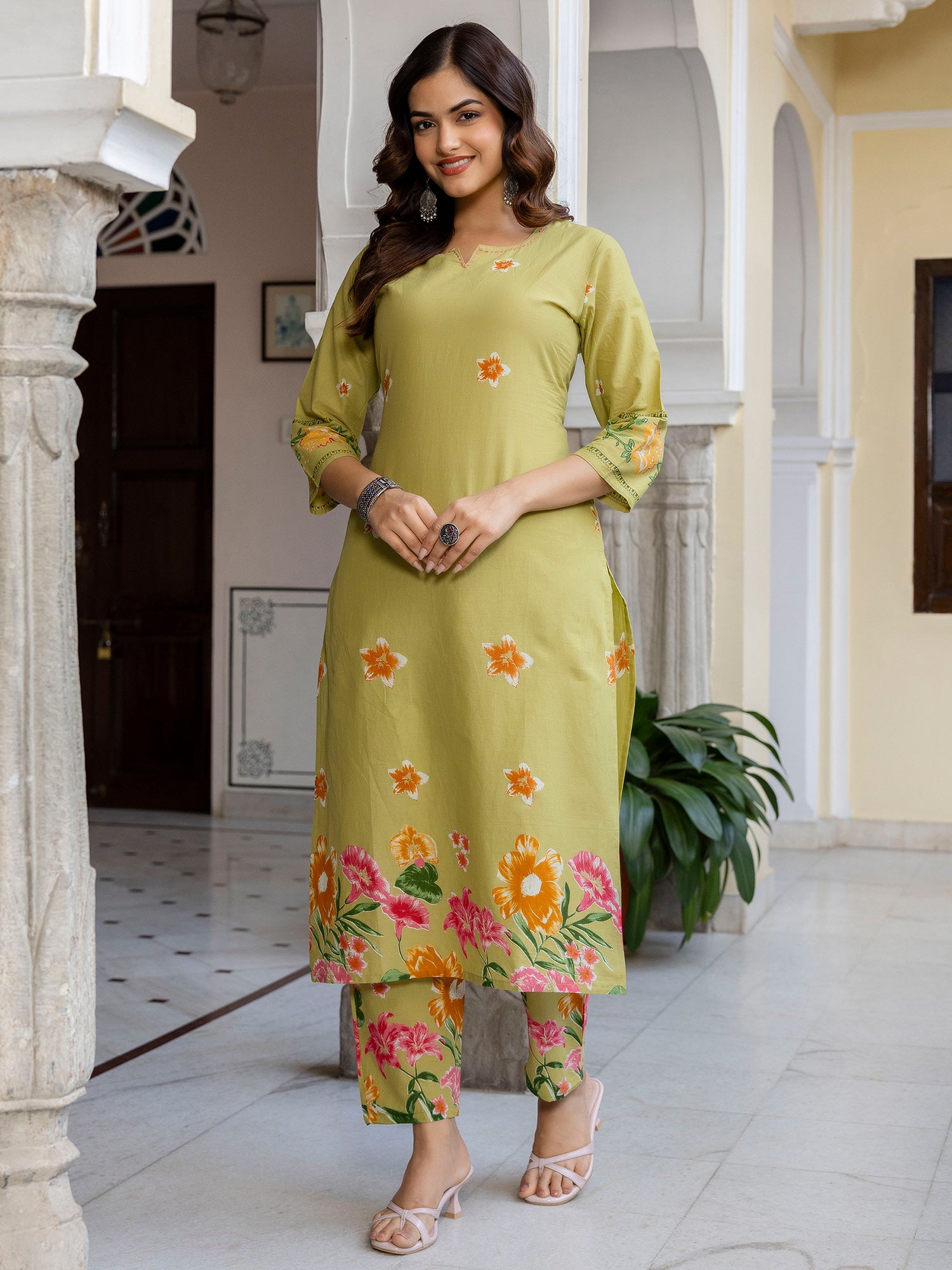 Green Printed Pure Cotton Straight Kurta Trouser Set
