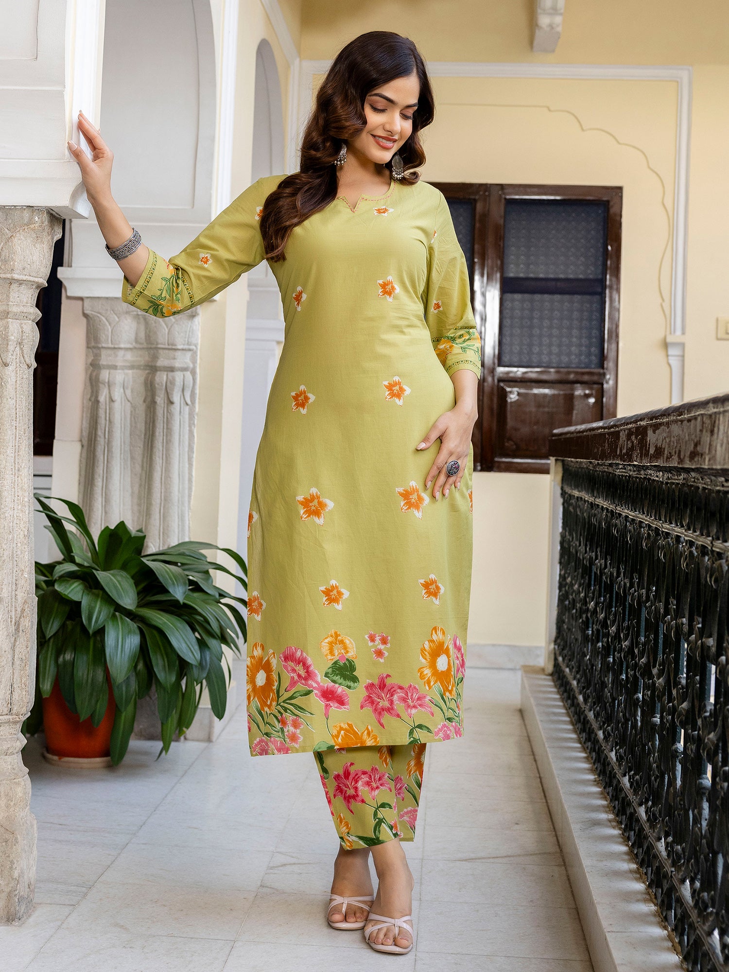 Green Printed Pure Cotton Straight Kurta Trouser Set
