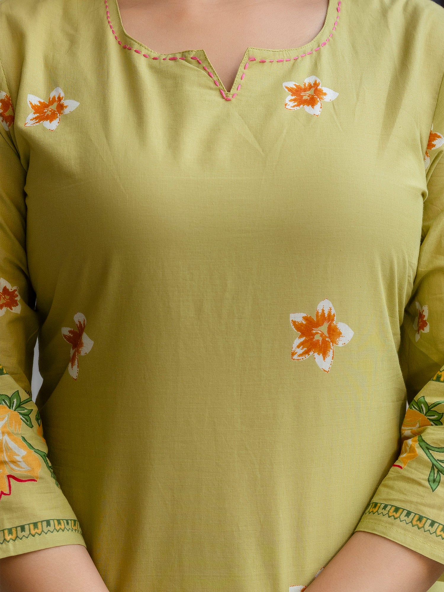 Green Printed Pure Cotton Straight Kurta Trouser Set