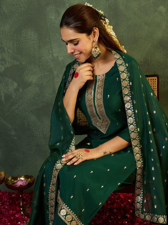 Indo Era Green Embroidered Straight Kurta Trousers With Dupatta Set