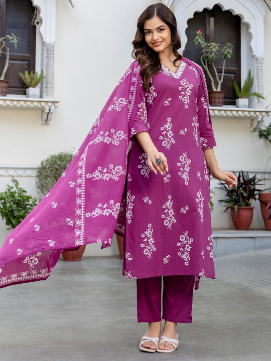 Mauve Printed Pure Cotton Straight Suit Sets With Dupatta