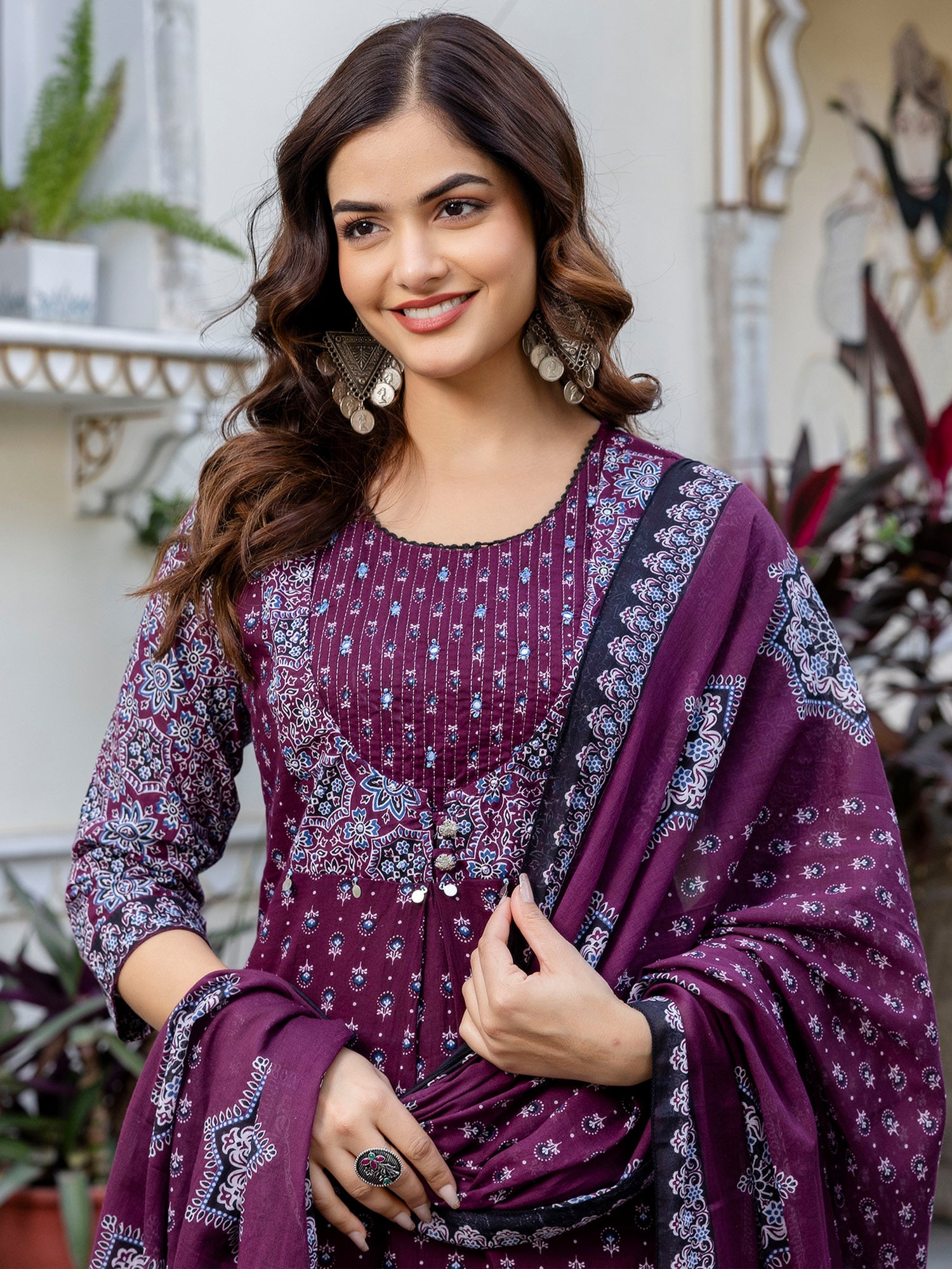 Maroon Printed Straight Pure Cotton Suit Set With Dupatta