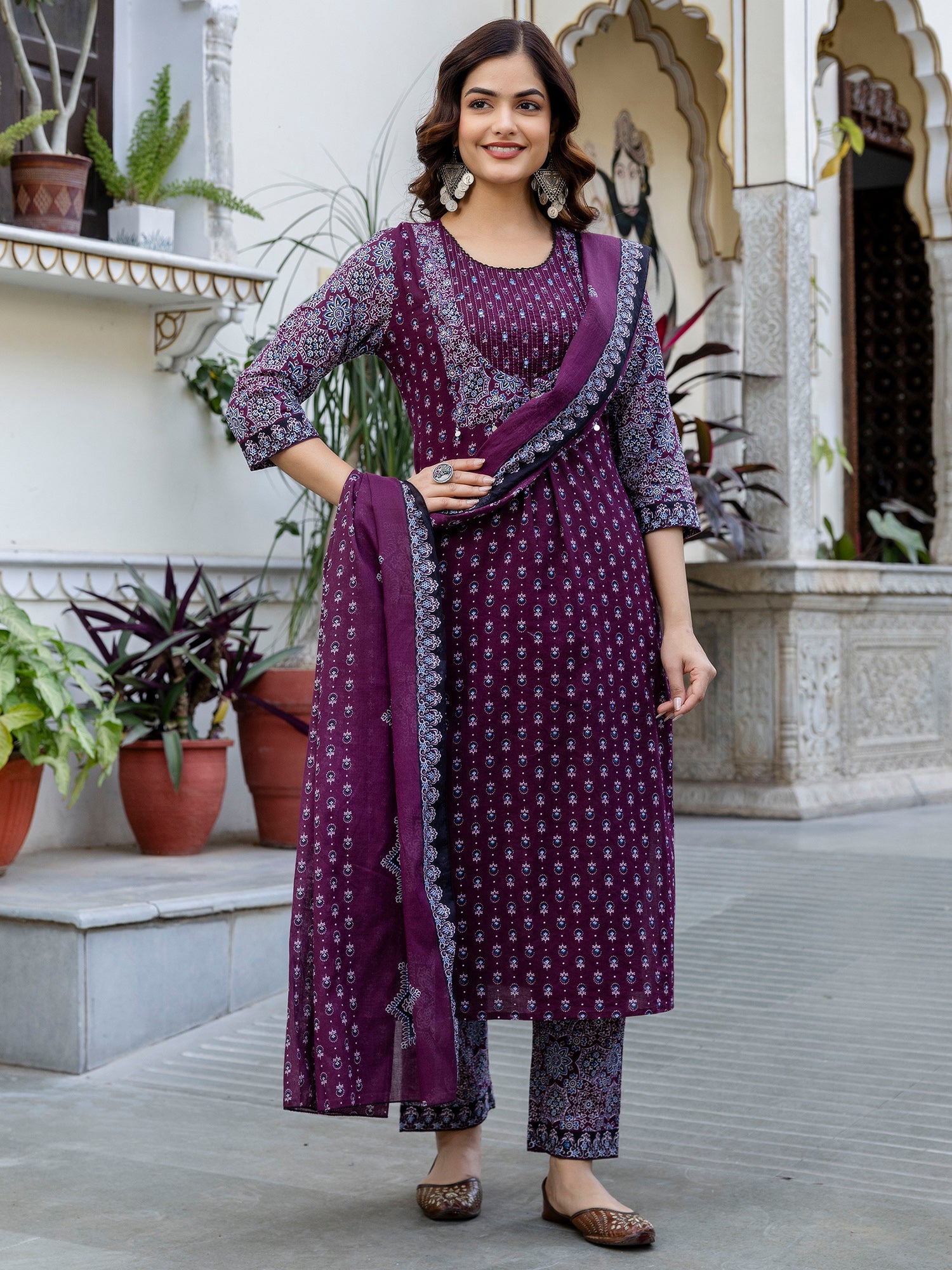 Maroon Printed Straight Pure Cotton Suit Set With Dupatta