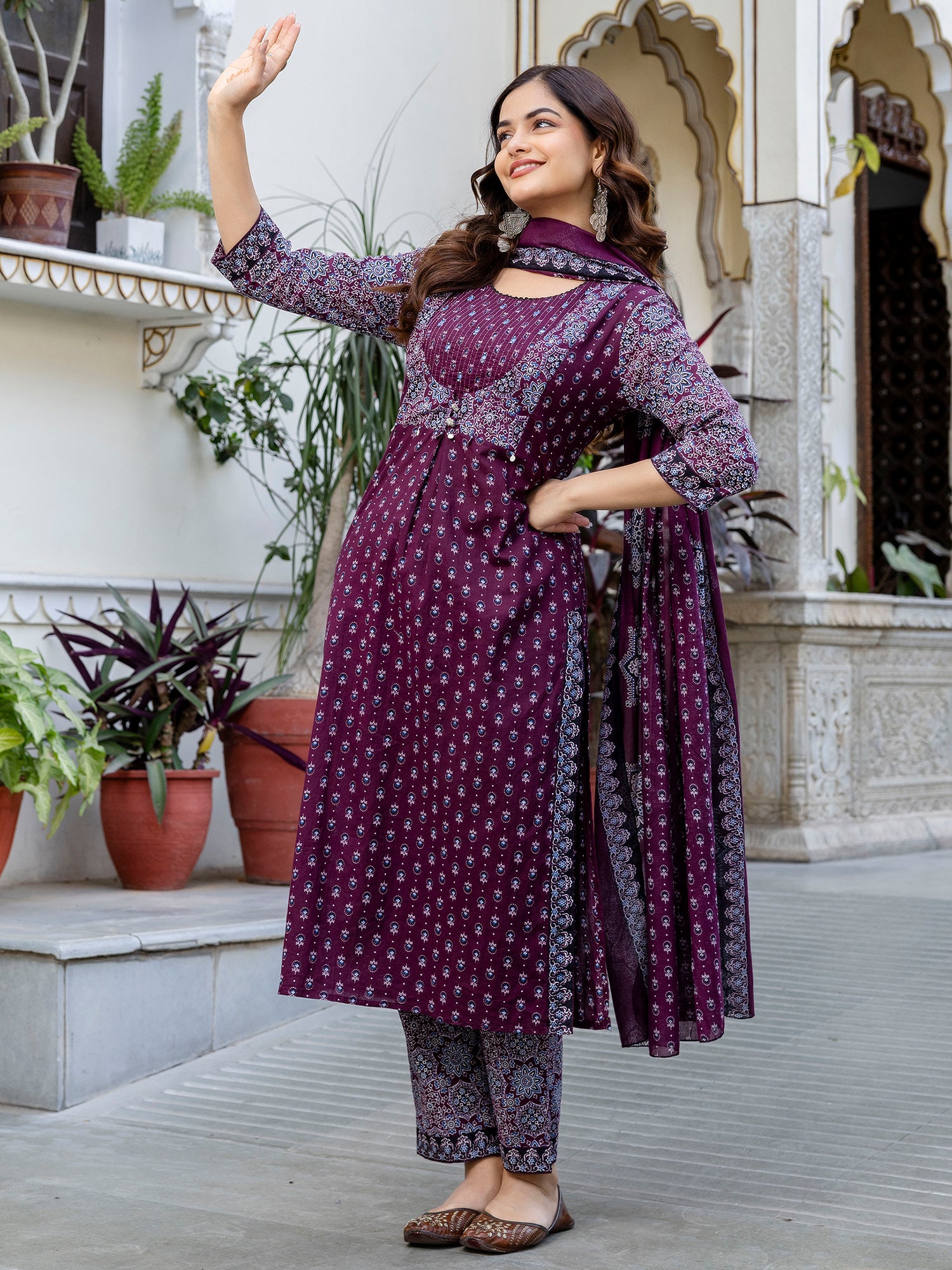Maroon Printed Straight Pure Cotton Suit Set With Dupatta