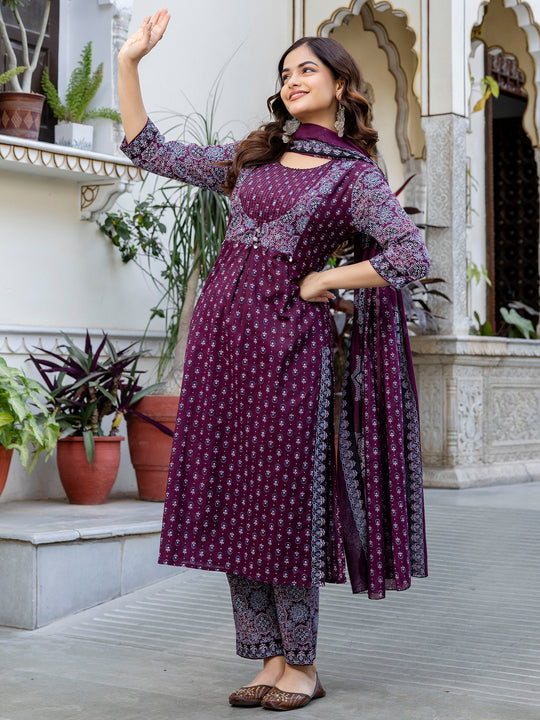 Maroon Printed Straight Pure Cotton Suit Set With Dupatta