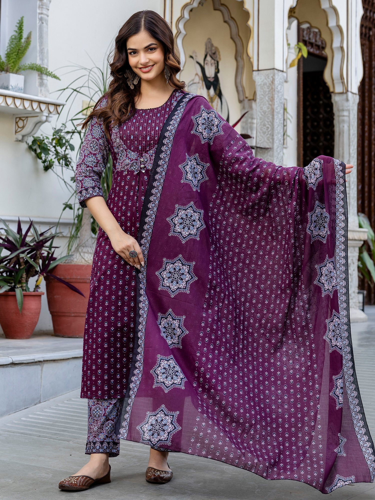 Maroon Printed Straight Pure Cotton Suit Set With Dupatta