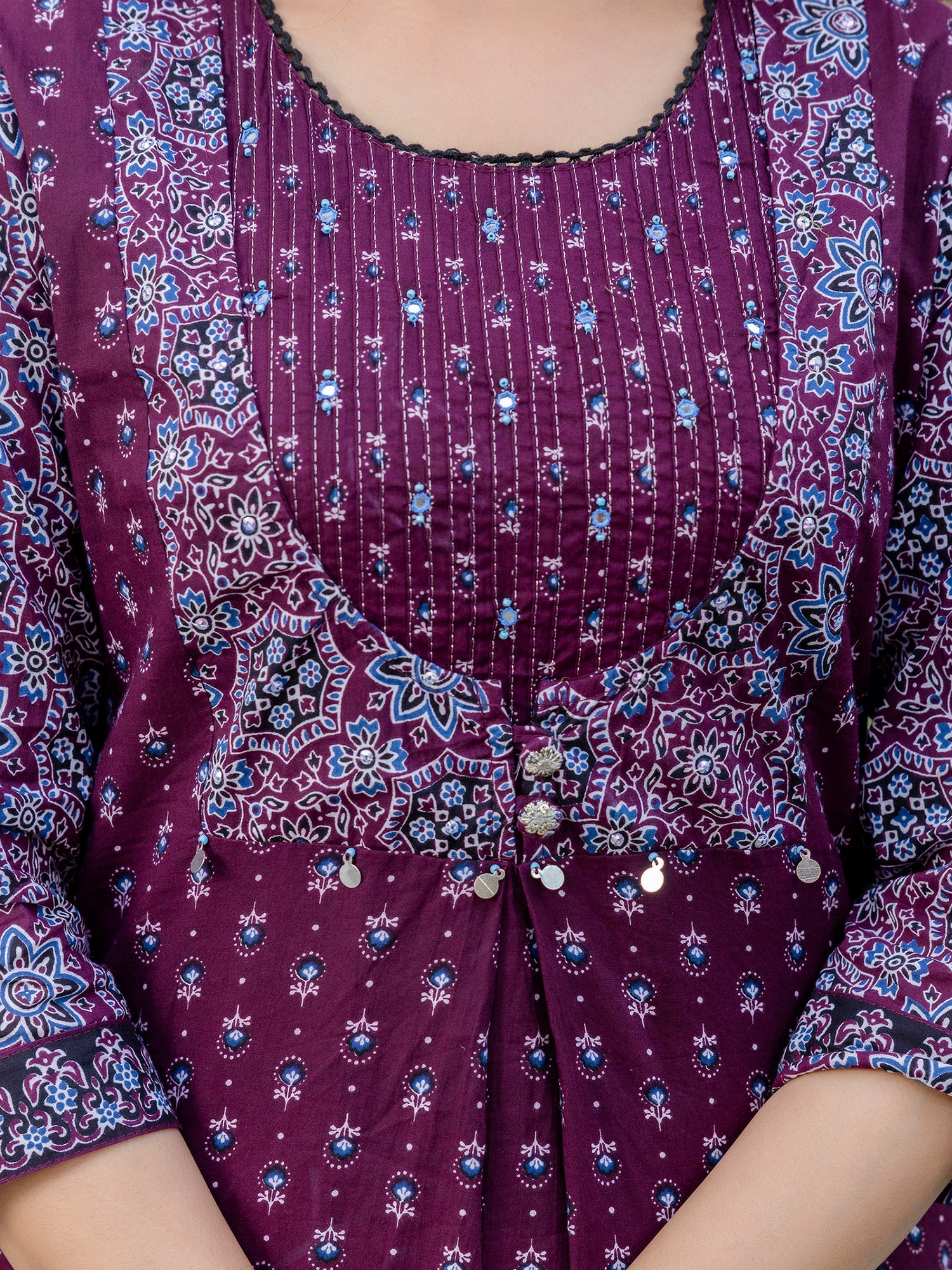 Maroon Printed Straight Pure Cotton Suit Set With Dupatta