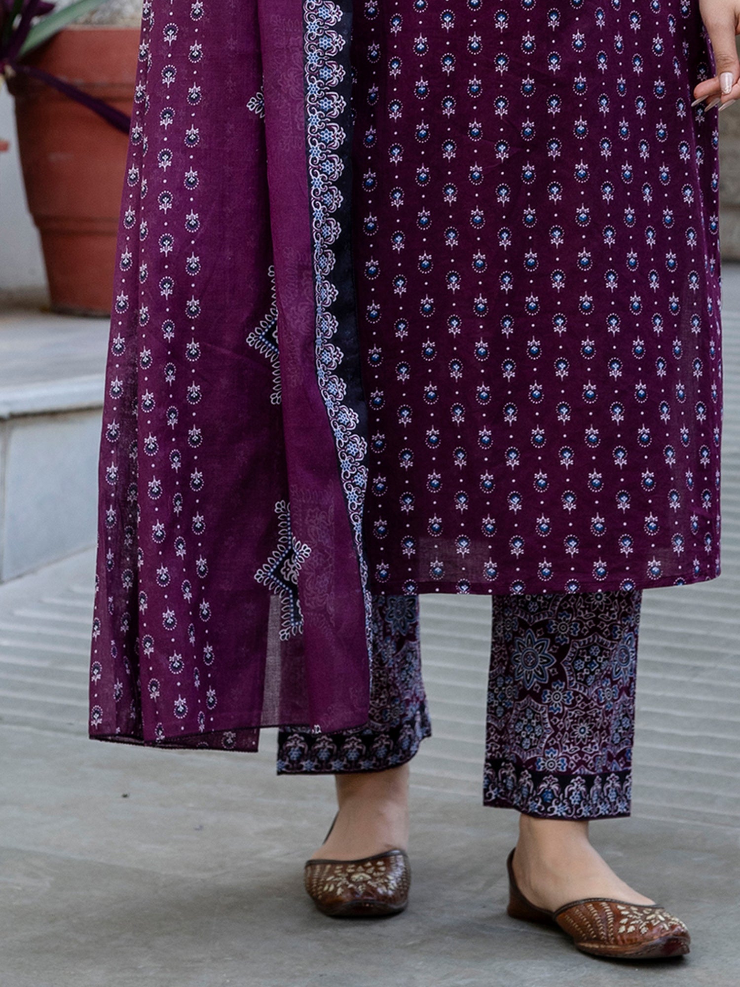Maroon Printed Straight Pure Cotton Suit Set With Dupatta