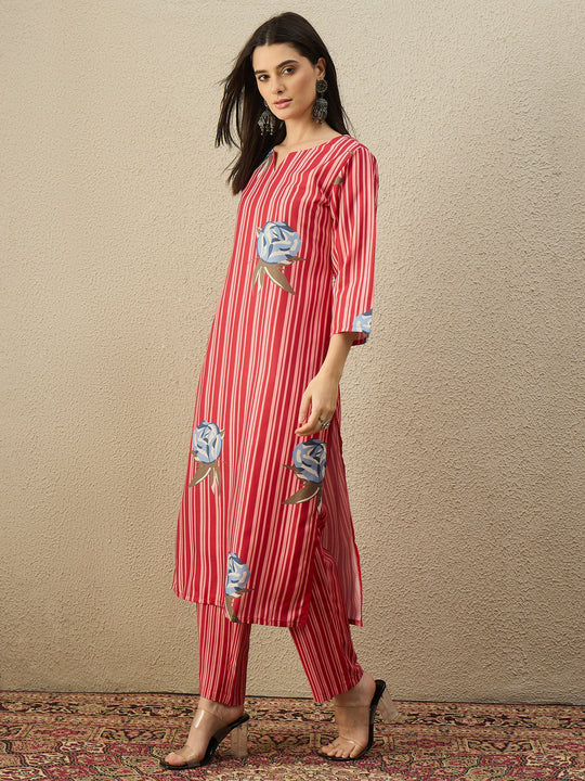 Red Printed Straight Kurta Trouser Set