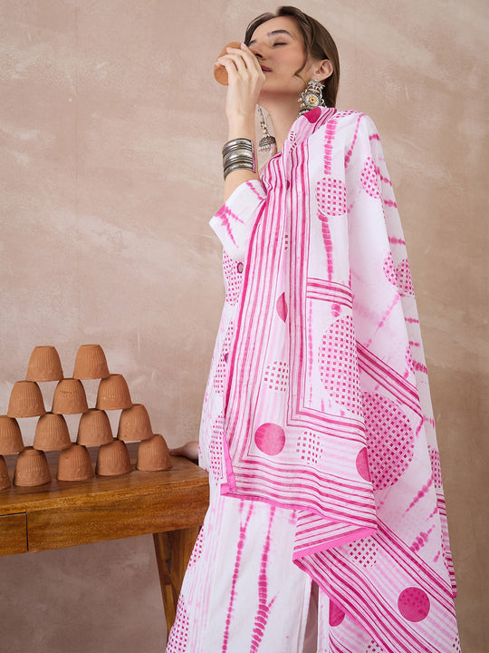 Indo Era White Printed Straight Kurta Trousers With Dupatta set