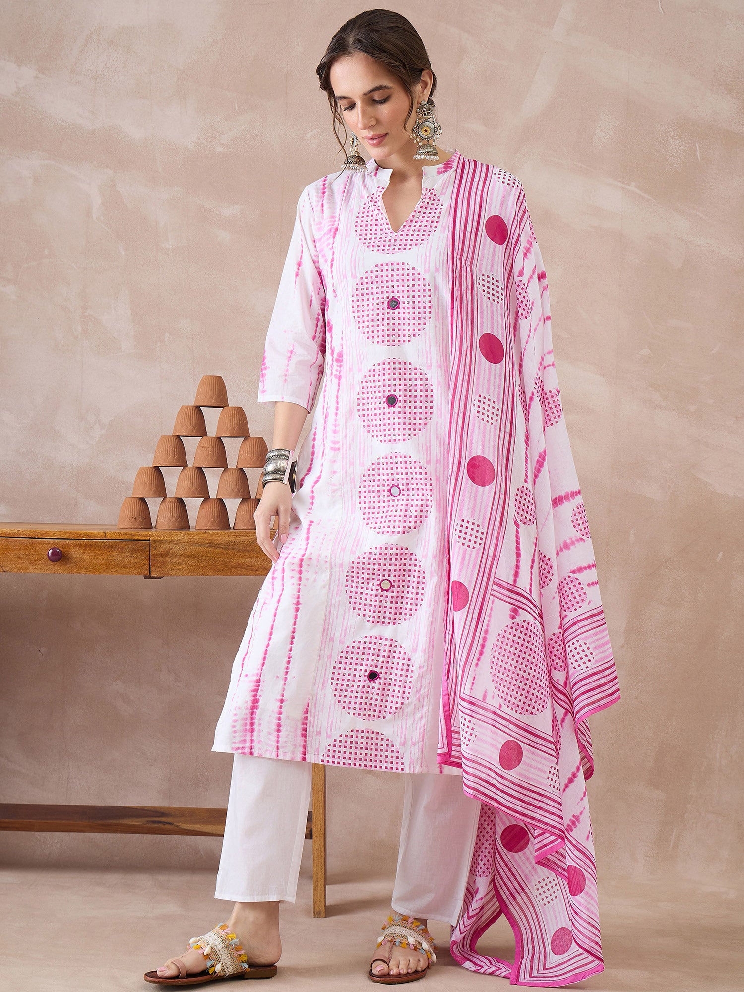 Indo Era White Printed Straight Kurta Trousers With Dupatta set