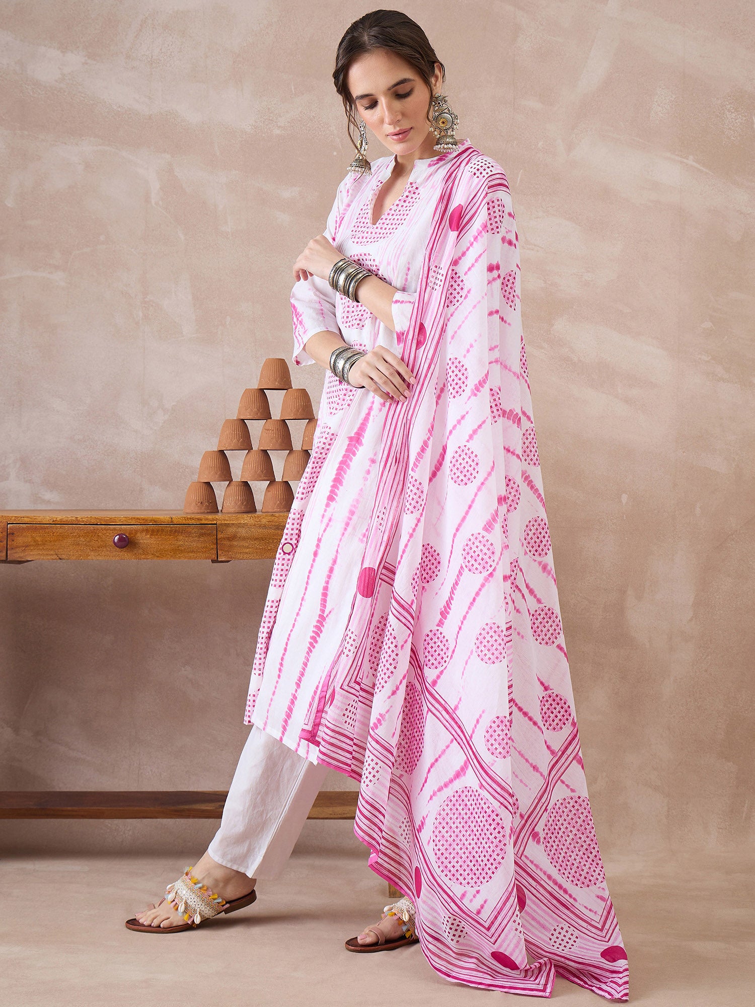 Indo Era White Printed Straight Kurta Trousers With Dupatta set