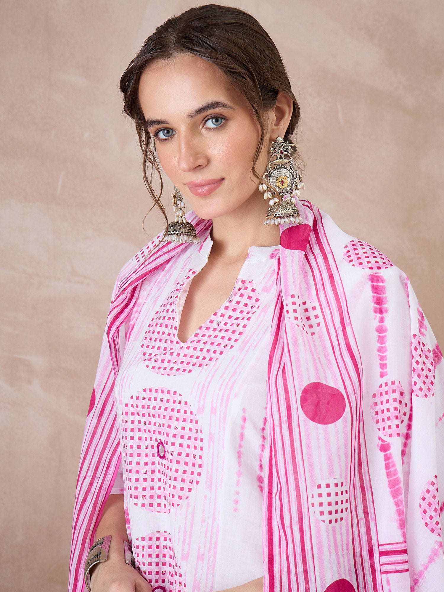 Indo Era White Printed Straight Kurta Trousers With Dupatta set