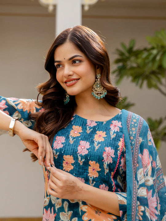 Blue Printed Pure Cotton Straight Kurta Sets With Dupatta