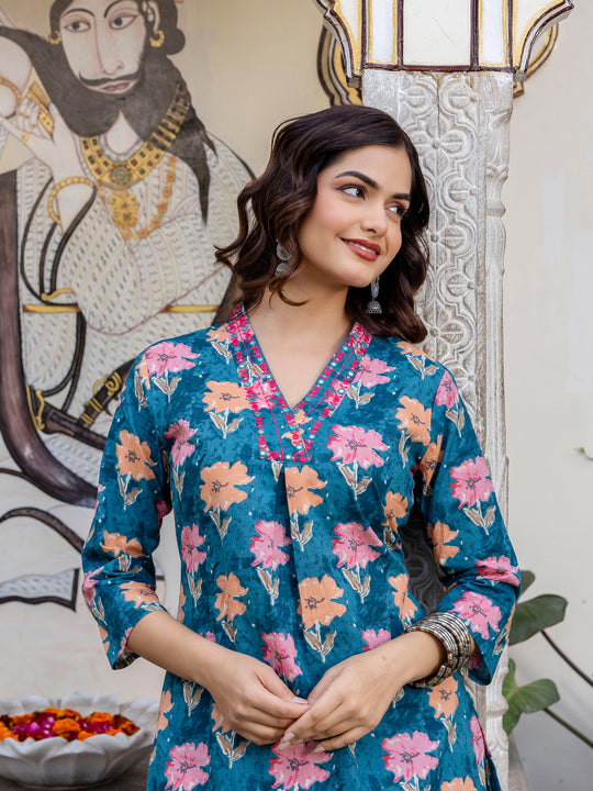 Blue Printed Pure Cotton Straight Kurta With Trouser Set