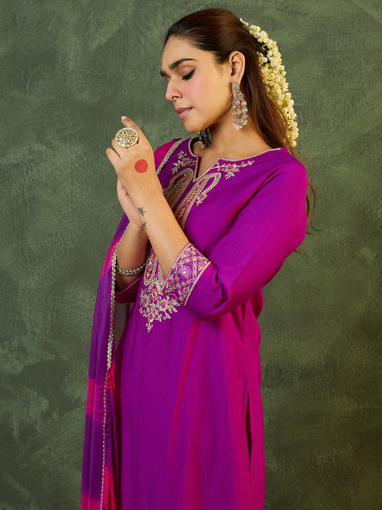 Purple Solid Silk Blend Straight Suit Set With Dupatta