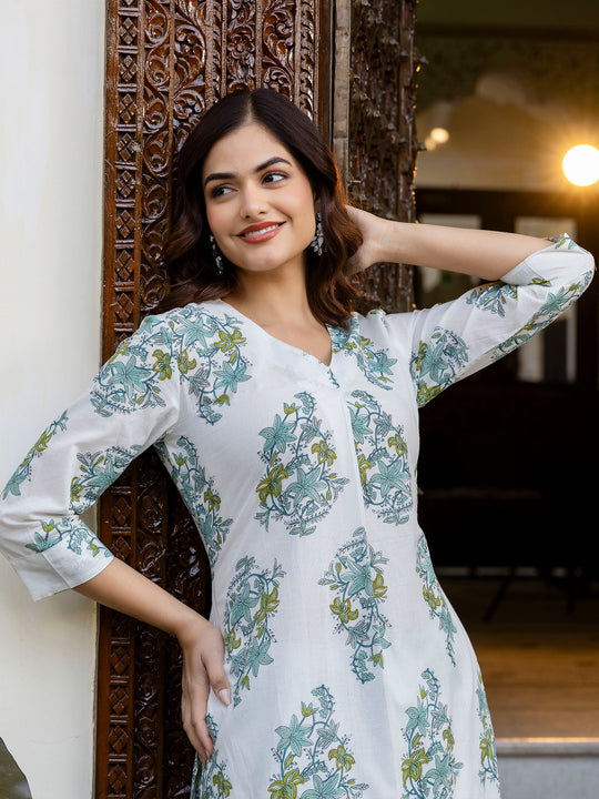 White Printed Pure Cotton A-Line Kurta Trouser Set