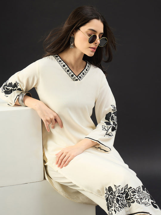 Off White Embroidered Viscose Rayon Straight Kurta Trouser Set