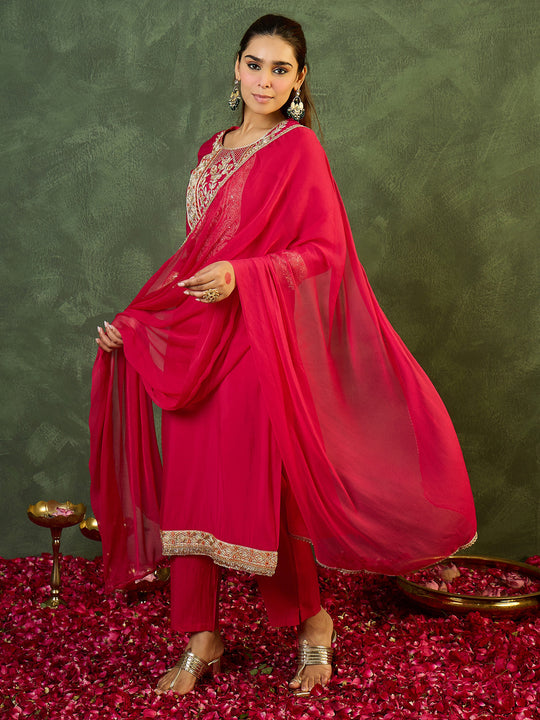 Pink Solid Silk Blend Straight Suit Set With Dupatta