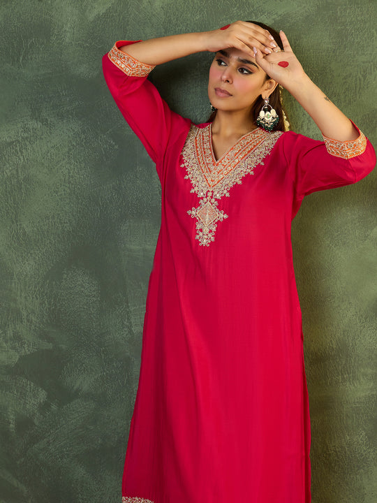 Pink Embroidered Silk Blend Straight Kurta Pant Set