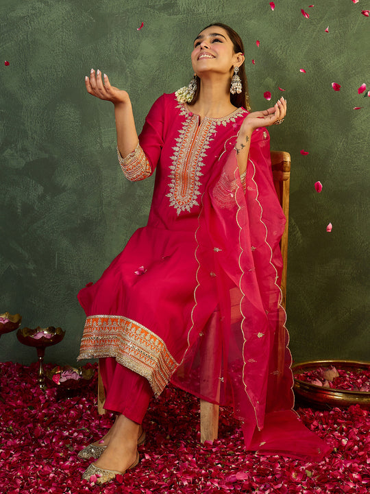 Pink Solid Silk Blend Straight Suit Set With Dupatta